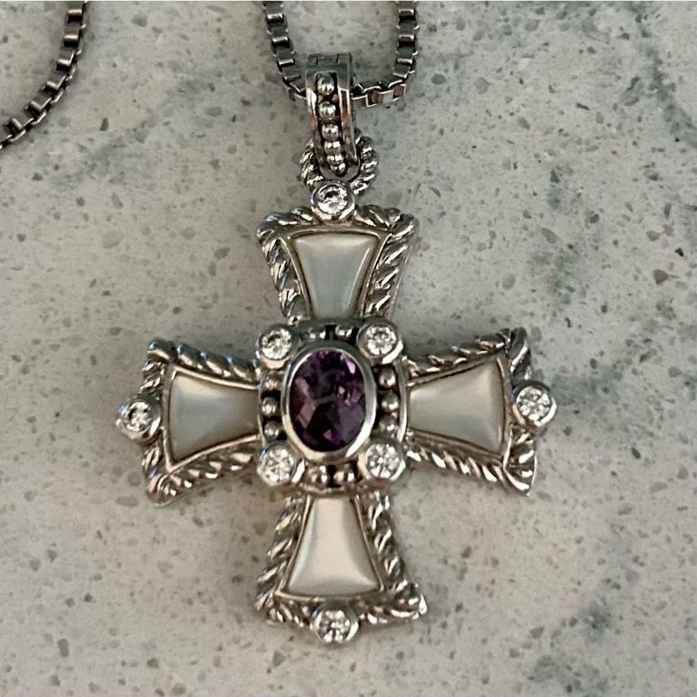 Judith Ripka Silver Cross Pendant with Mother-of-Pearl and Purple Stone - Picture 4 of 9